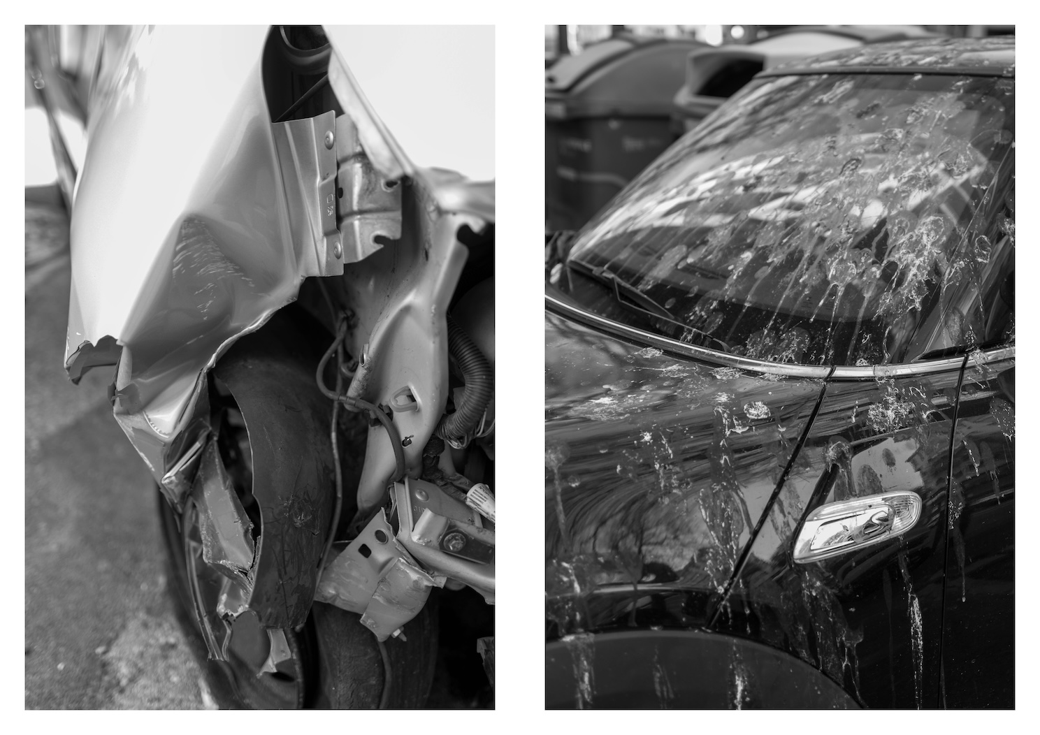 crushed car and pooped car